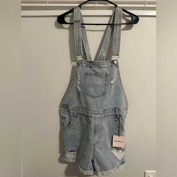 Revolve Superdown Meghan Distressed Short Overalls Shortall Denim Light Wash L - Picture 2 of 9